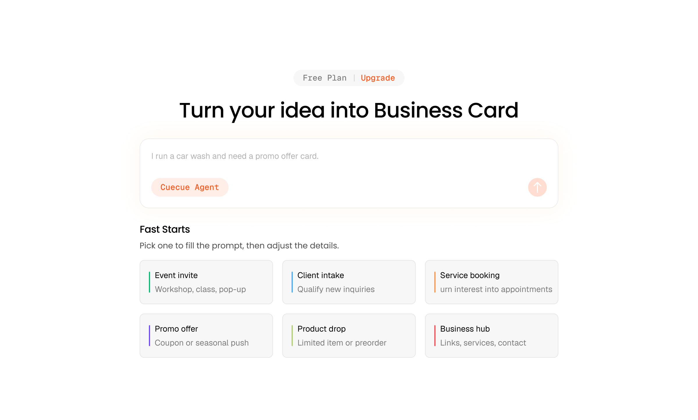 CueCue dashboard for creating a business card